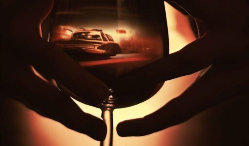 Wine glass cradling a classic movie reflection