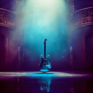 In the center stage stands a lonely guitar, its polished surface reflecting the hazy blue lights.