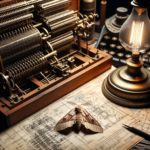 Vintage desk with blueprints of the Analytical Engine, illuminated by an old lamp, and a moth symbolizing the first computer 'bug'